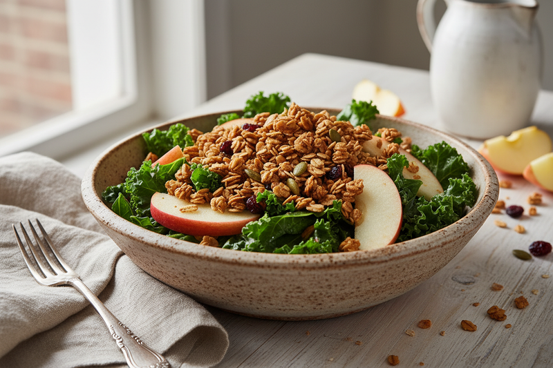 kale and apple salad with granola topping